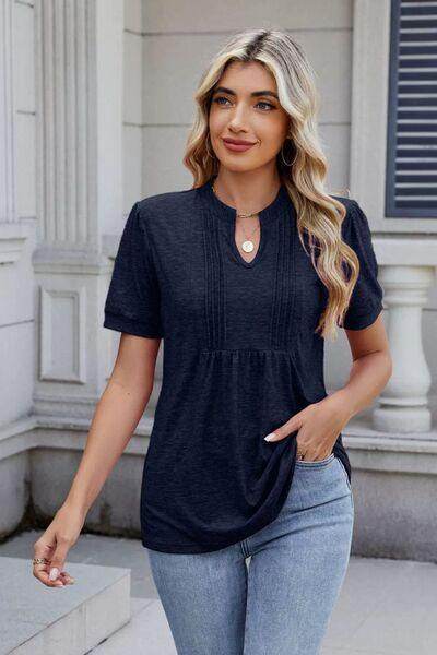 Notched Short Sleeve Top for Women in Opaque Fabric - Selvanelle