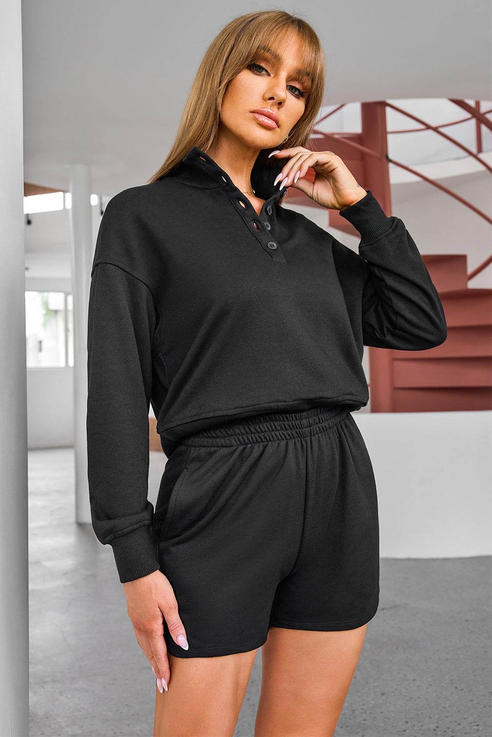 Half Button Sweatshirt and Shorts Active Set - Selvanelle