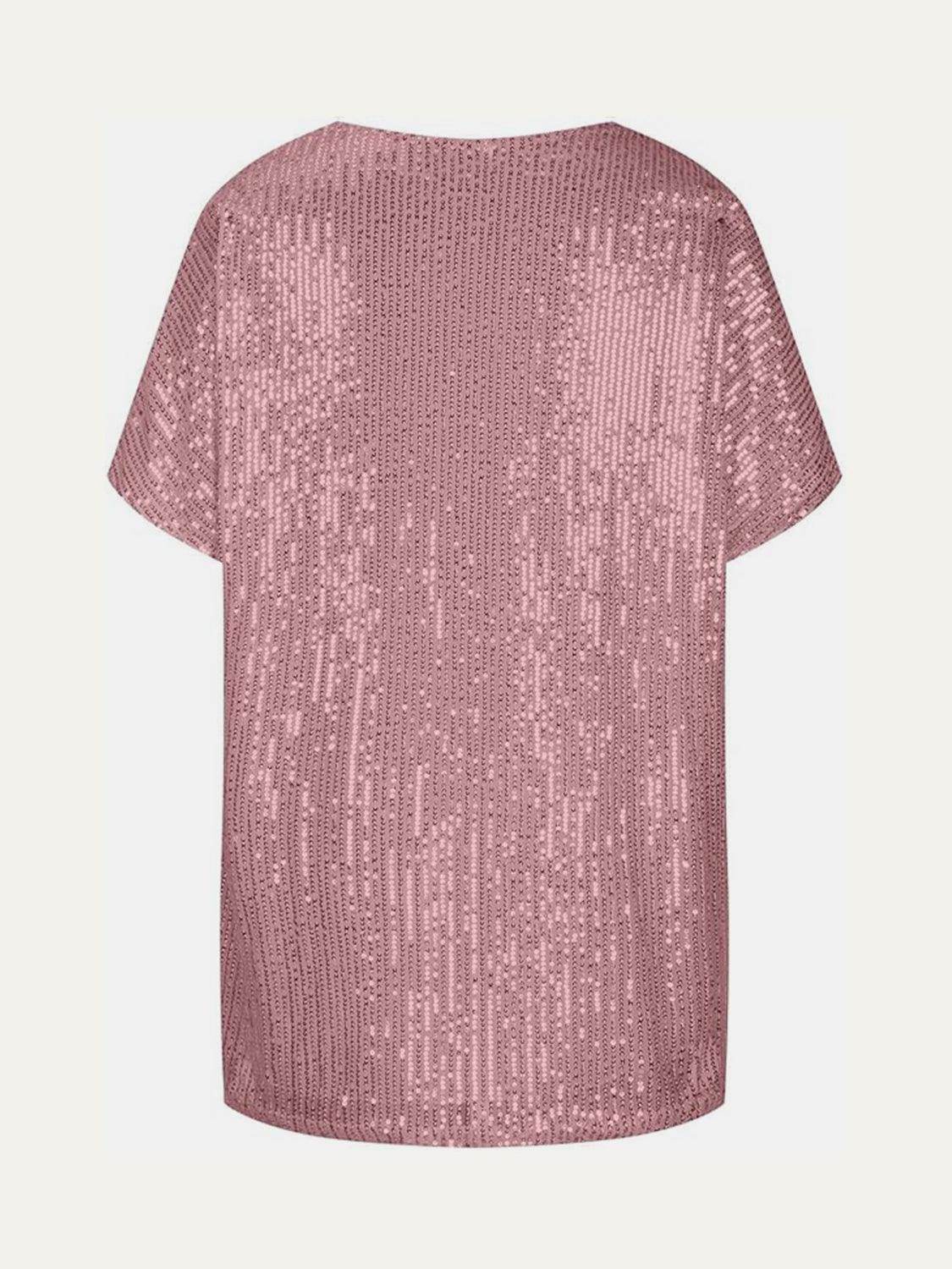 Full Size Sequin V-Neck Short Sleeve Top for Women - Selvanelle