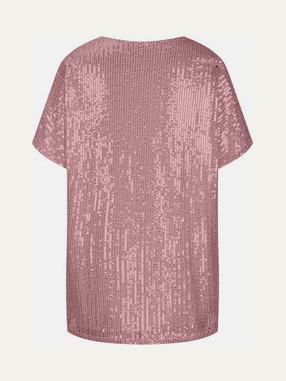 Full Size Sequin V-Neck Short Sleeve Top for Women - Selvanelle