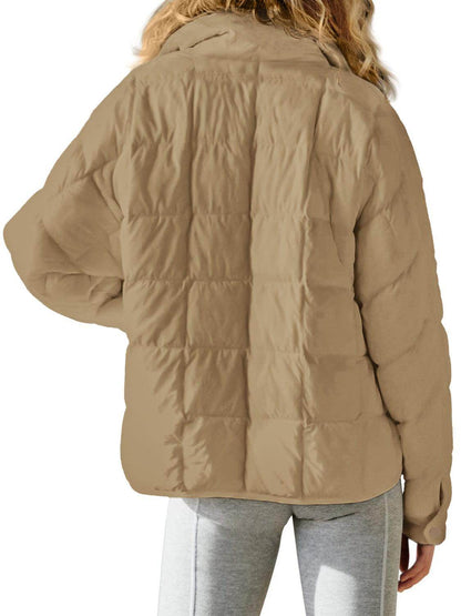 Pocketed Plaid Quilted Zip Up Winter Coat for Women - Selvanelle