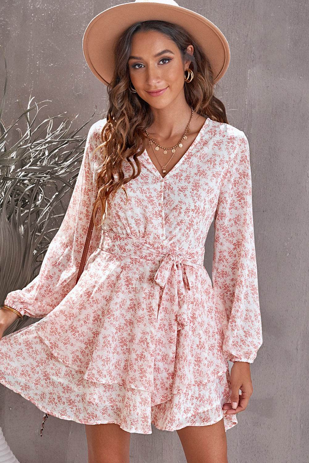 Floral Surplice Balloon Sleeve Layered Dress - Selvanelle