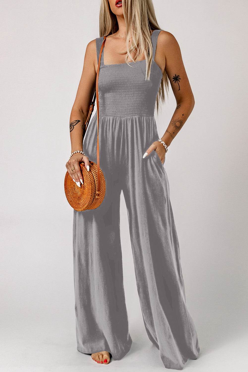Smocked Square Neck Wide Leg Jumpsuit with Pockets - Selvanelle
