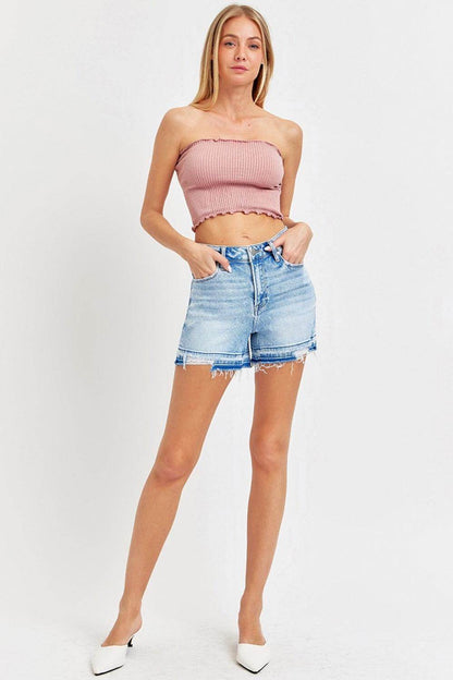 RISEN High Rise Distressed Hem Denim Shorts for Women - Selvanelle
