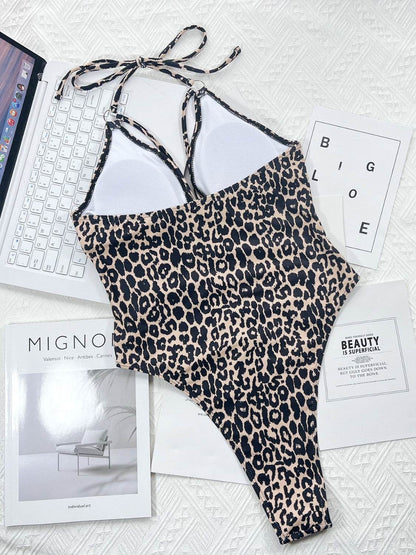 Leopard Cutout Halter Neck One-Piece Swimwear - Selvanelle