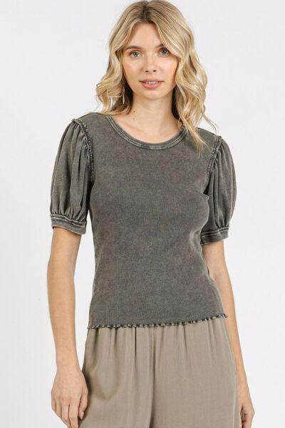 Mittoshop Mineral Wash Puff Sleeve Rib Knit Top for Women - Selvanelle
