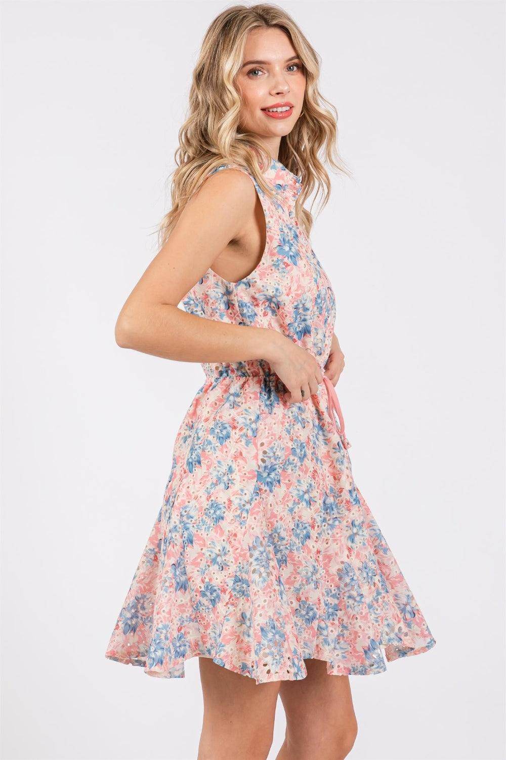 GeeGee Full Size Floral Eyelet Sleeveless Mini Dress for Summer - Selvanelle