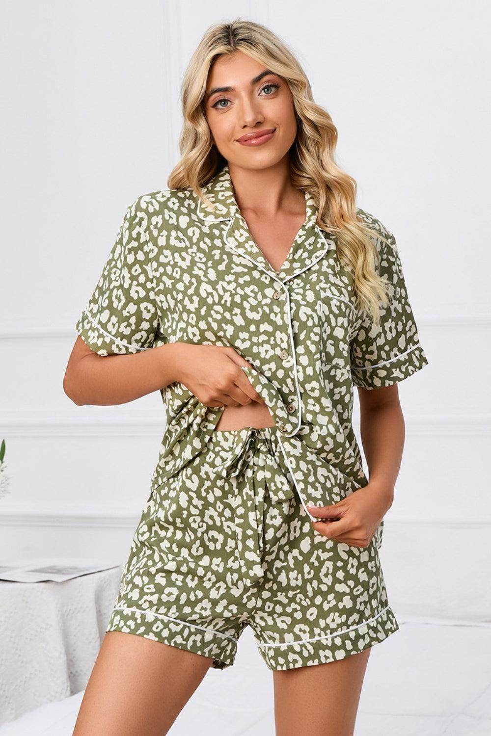 Full Size Leopard Short Sleeve Top and Shorts Lounge Set Plus Size - Selvanelle