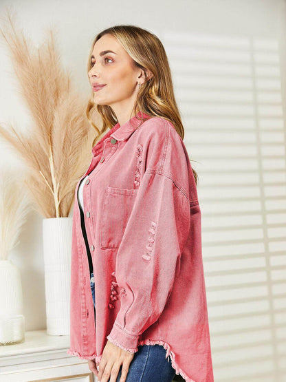 Distressed Raw Hem Denim Jacket for Relaxed Fit Style - Selvanelle