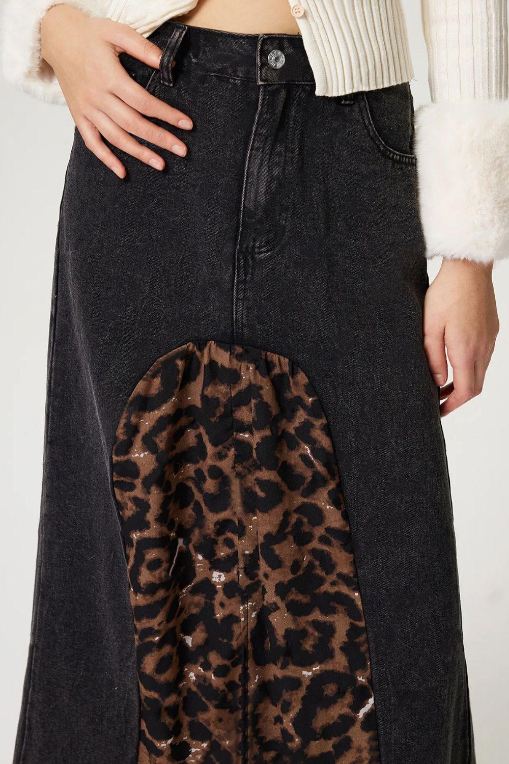 Slit Leopard Midi Denim Skirt for Trendy Casual Style