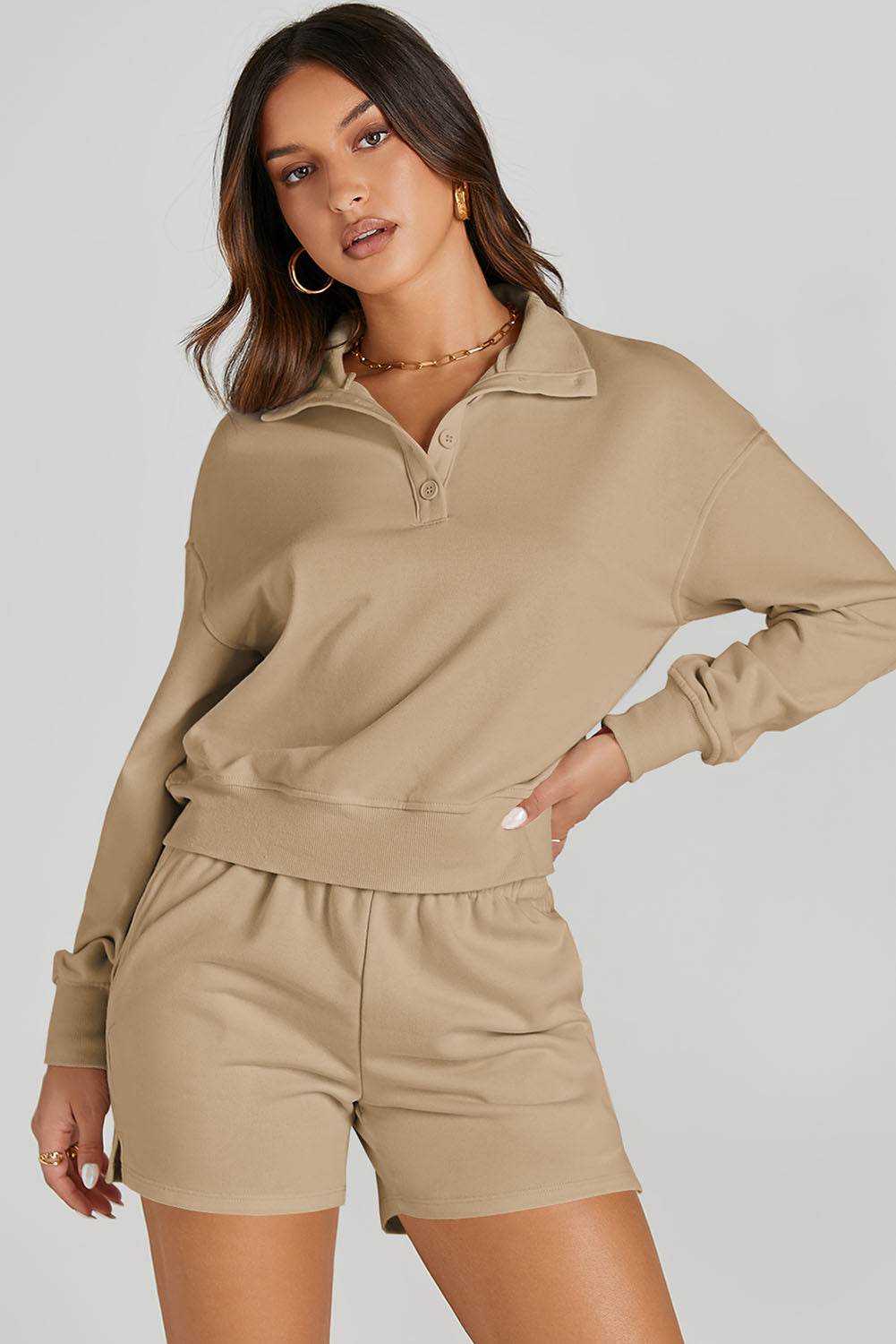 Half Button Sweatshirt and Shorts Active Set - Selvanelle