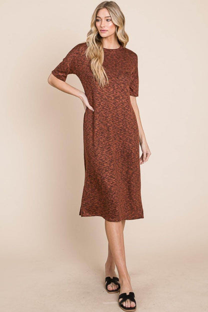 BOMBOM Round Neck Side Slit Midi Dress for Casual Elegance - Selvanelle