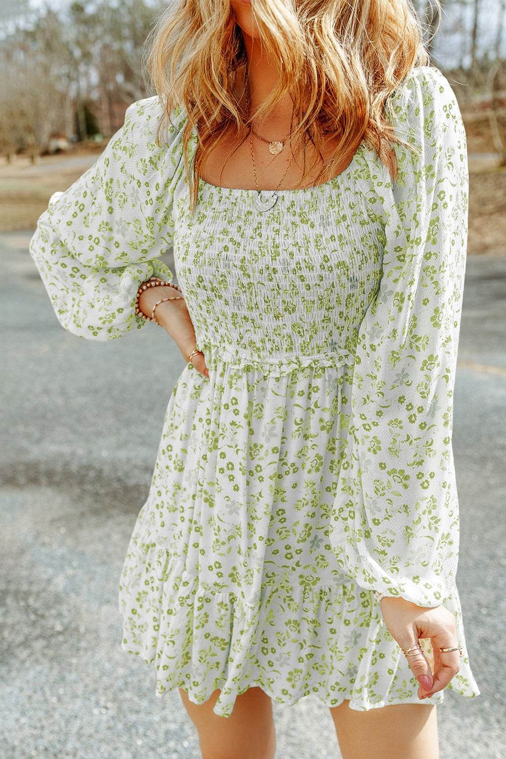 Smocked Floral Square Neck Balloon Sleeve Dress - Selvanelle