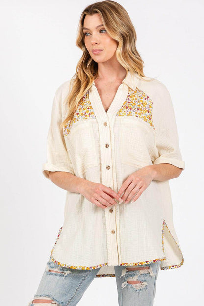 SAGE + FIG Full Size Floral Detail Button Up Shirt - Selvanelle