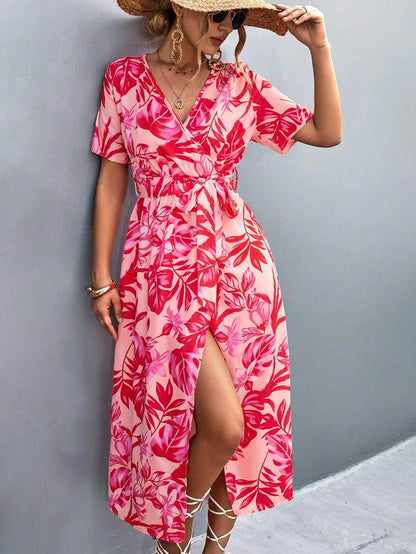 Floral Print High Slit Surplice Neck Tie Waist Midi Dress - Selvanelle