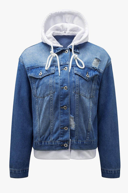 Distressed Hooded Denim Jacket for Trendy Casual Style - Selvanelle