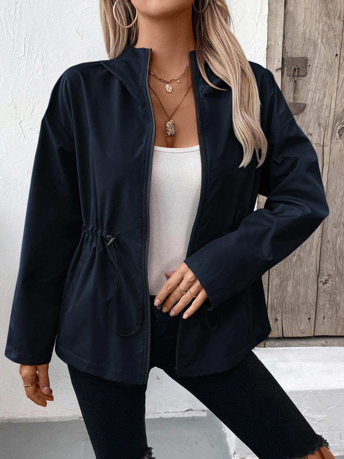 Ivy Lane Drawstring Zip Up Hooded Jacket for Women - Selvanelle