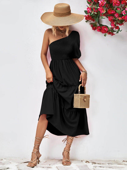Chic Smocked One-Shoulder Midi Dress for Elegant Style - Selvanelle