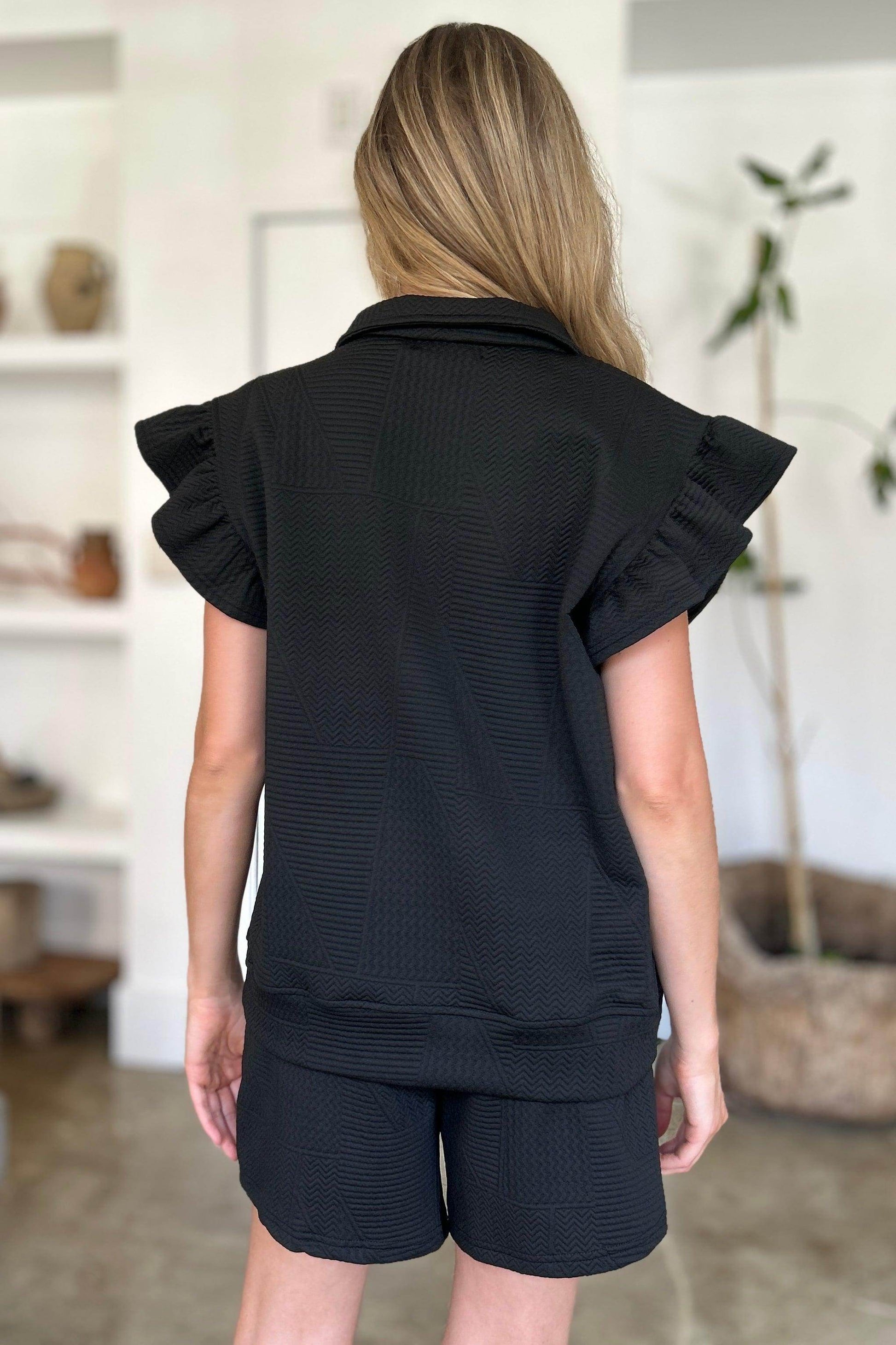 Double Take Full Size Texture Flounce Sleeve Top and Shorts Set - Selvanelle