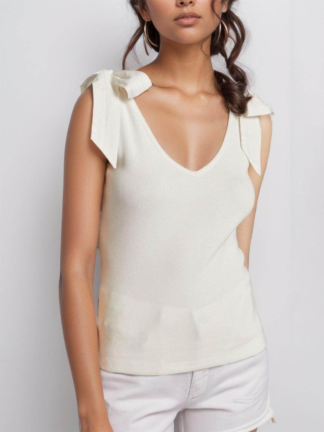 V-Neck Tie Shoulder Tank Top for Women with Stretch Fabric - Selvanelle