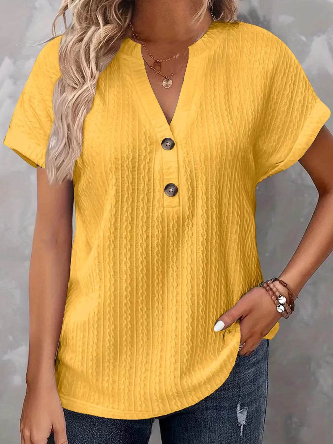 Textured Notched Short Sleeve Top - Selvanelle
