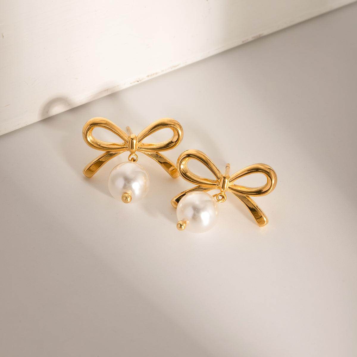 Stainless Steel Bow Pearl Earrings for Elegant Style - Selvanelle