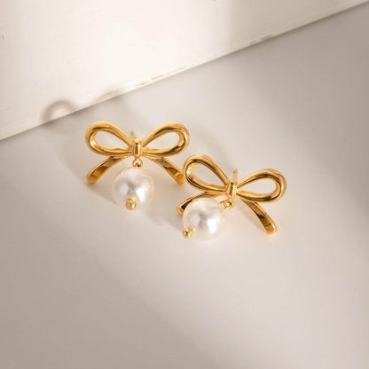 Stainless Steel Bow Pearl Earrings for Elegant Style - Selvanelle
