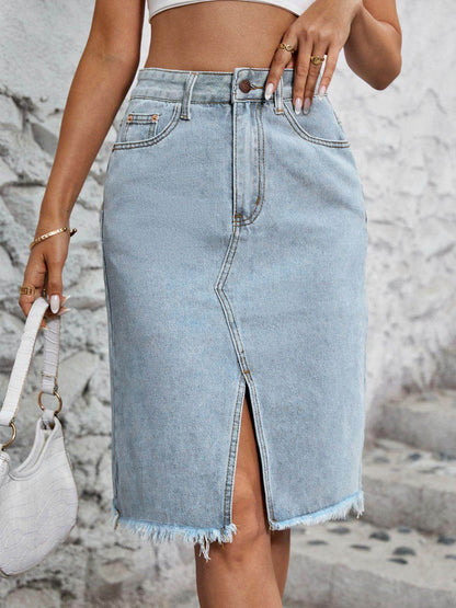 Raw Hem Slit Denim Skirt for Trendy Casual Wear - Selvanelle