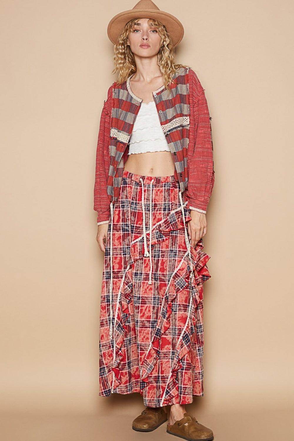 POL Round Neck Long Sleeve Plaid Shirt for Women Casual - Selvanelle