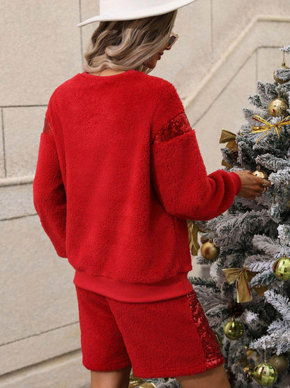 Sequin Teddy Sweatshirt and Shorts Set for Women - Selvanelle