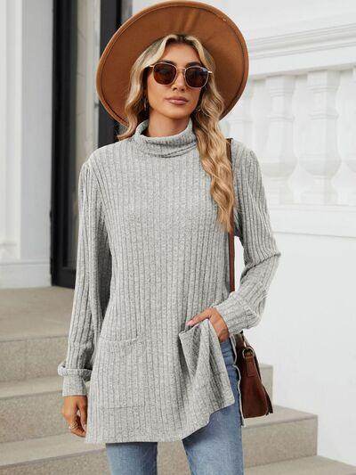 Slit Mock Neck Long Sleeve T-Shirt for Women with Pocket - Selvanelle