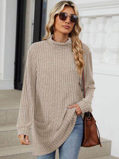 Ribbed Mock Neck Long Sleeve T-Shirt for Women Stylish Wear - Selvanelle