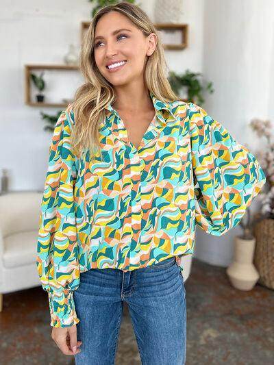 Double Take Full Size Printed Smocked Long Sleeve Blouse - Selvanelle