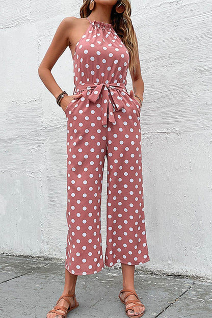 Perfee Polka Dot Grecian Wide Leg Jumpsuit - Selvanelle