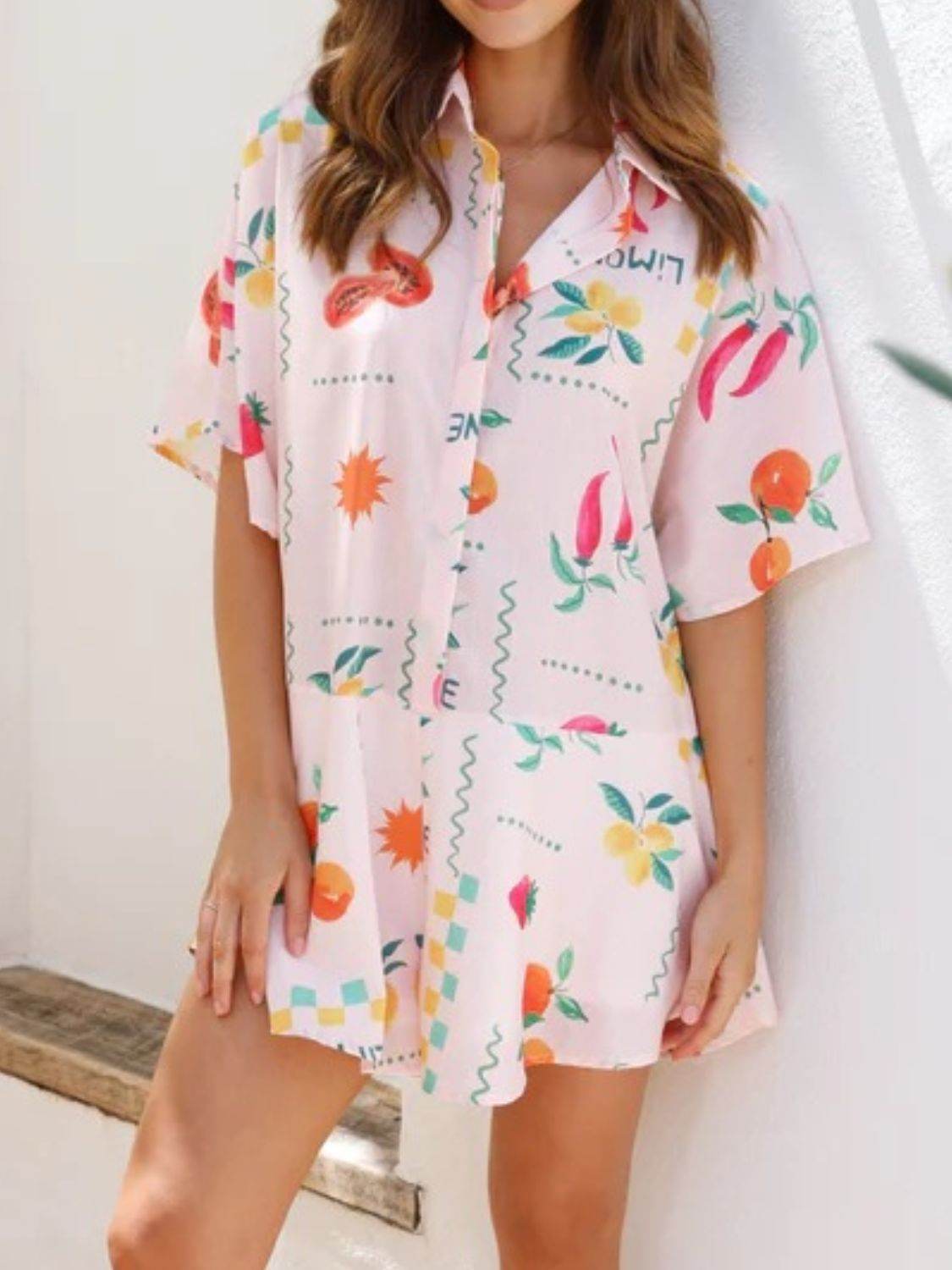 Printed Collared Neck Half Sleeve Romper - Selvanelle