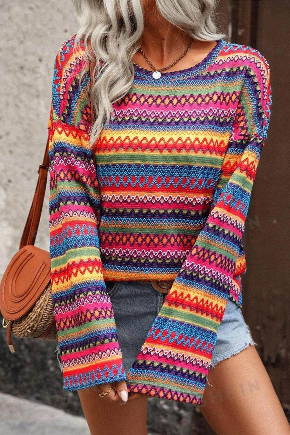 Contrast Round Neck Long Sleeve Top for Women Fashion - Selvanelle