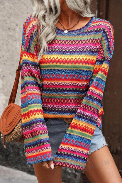 Contrast Round Neck Long Sleeve Top for Women Fashion - Selvanelle