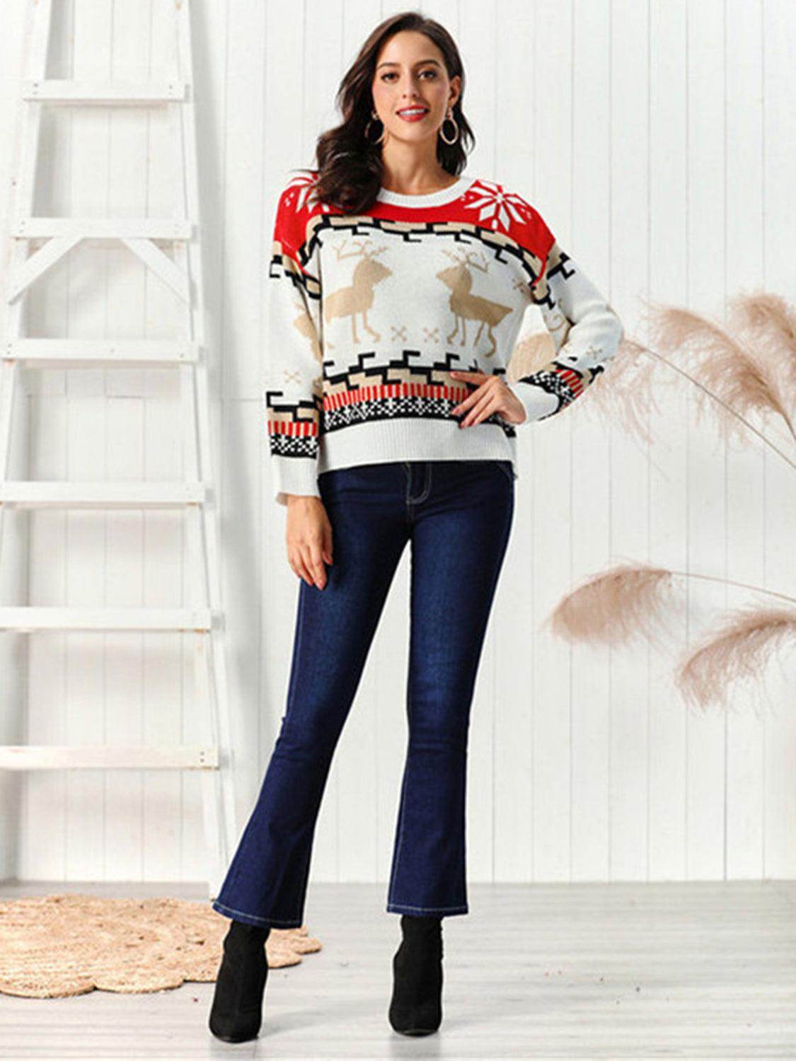 Reindeer Round Neck Sweater for Cozy Winter Warmth - Selvanelle
