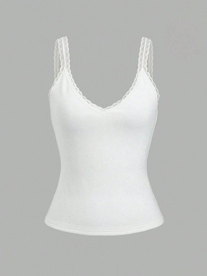 Lace Detail V-Neck Wide Strap Tank for Stylish Comfort - Selvanelle