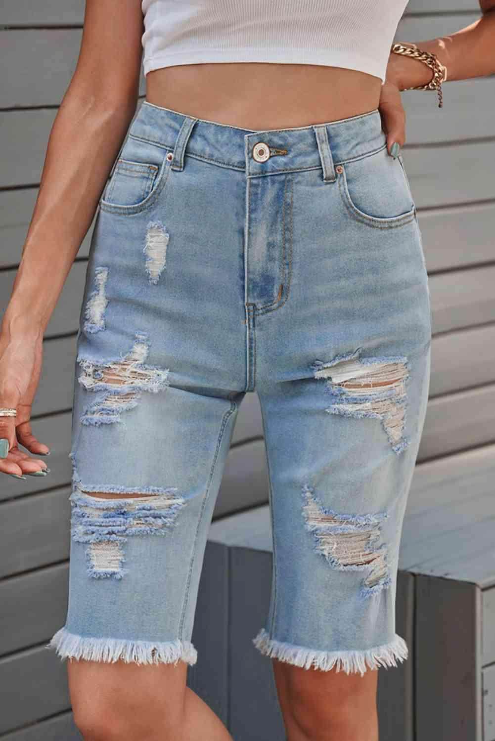 Distressed Raw Hem Denim Bermuda Shorts for Casual Style - Selvanelle