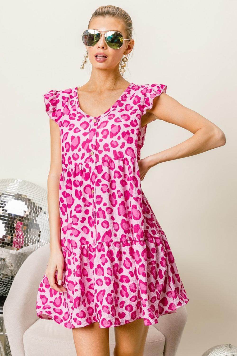 BiBi Leopard Cap Sleeve Tiered Mini Dress for Stylish Looks - Selvanelle