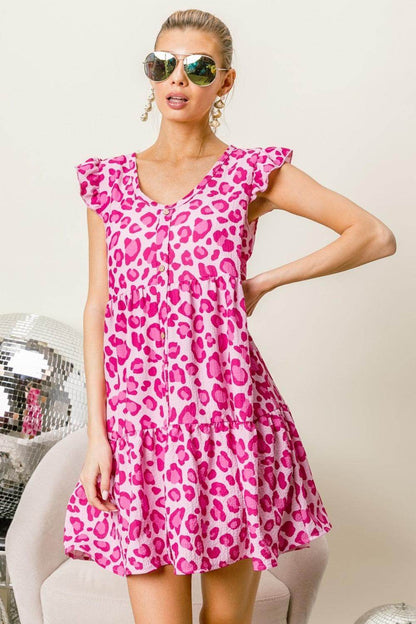 BiBi Leopard Cap Sleeve Tiered Mini Dress for Stylish Looks - Selvanelle