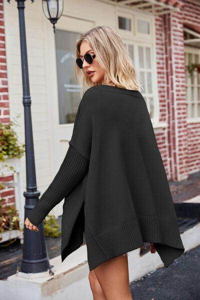 Slit V-Neck Dropped Shoulder Sweater for Effortless Style - Selvanelle