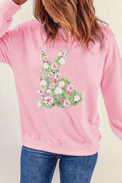 Floral Bunny Round Neck Long Sleeve Sweatshirt - Selvanelle