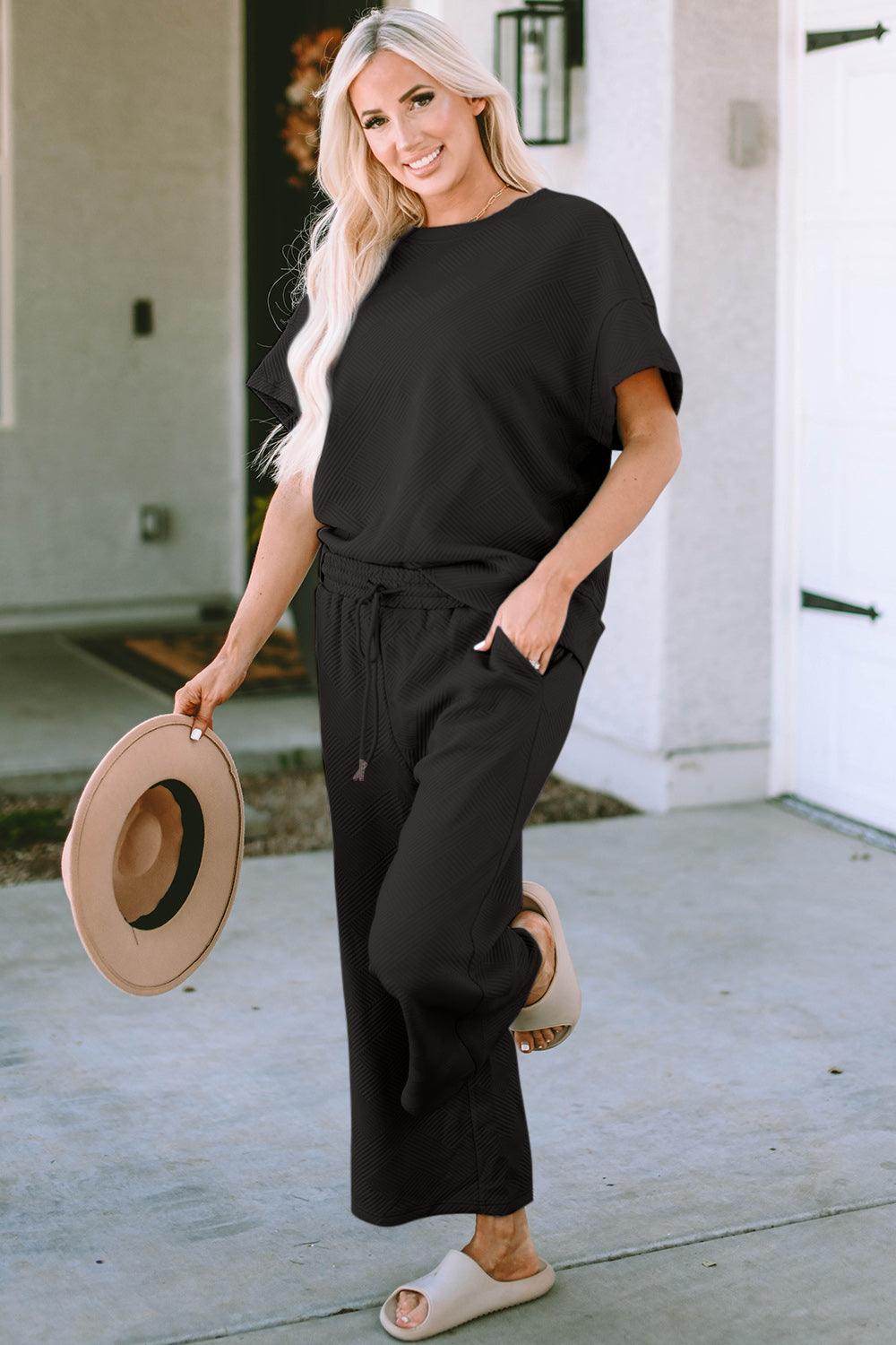 Double Take Full Size Texture Top and Pants Set for Women - Selvanelle