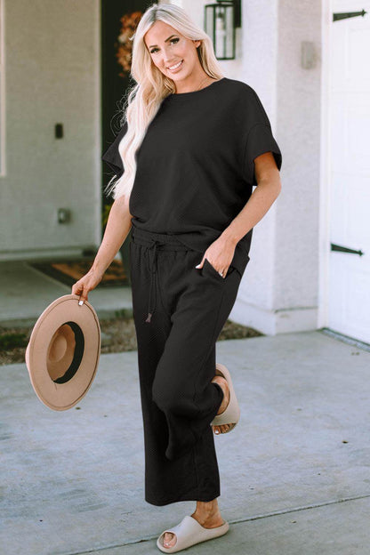 Double Take Full Size Texture Top and Pants Set for Women - Selvanelle