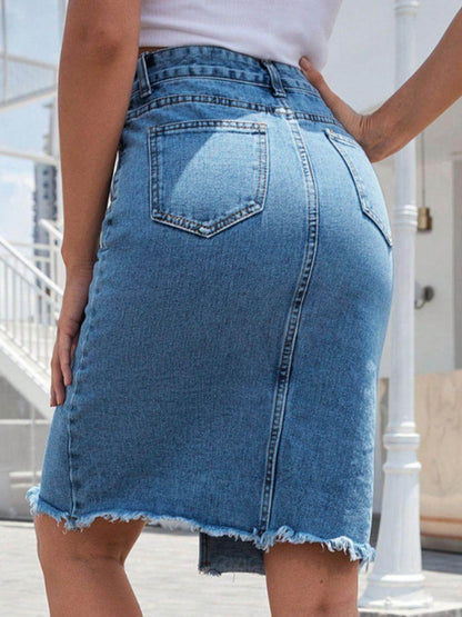 Raw Hem Slit Denim Skirt for Trendy Casual Wear - Selvanelle