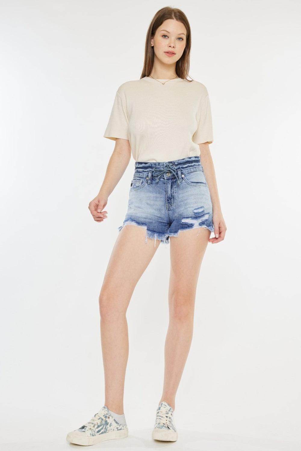 Kancan High Rise Frayed Hem Denim Shorts for Women - Selvanelle