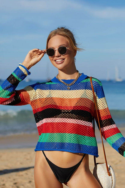 Angel Wings Rainbow Stripe Openwork Long Sleeve Cover-Up - Selvanelle
