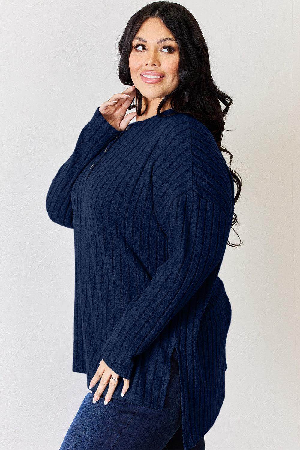 Basic Bae Full Size Ribbed Half Button Long Sleeve T-Shirt - Selvanelle